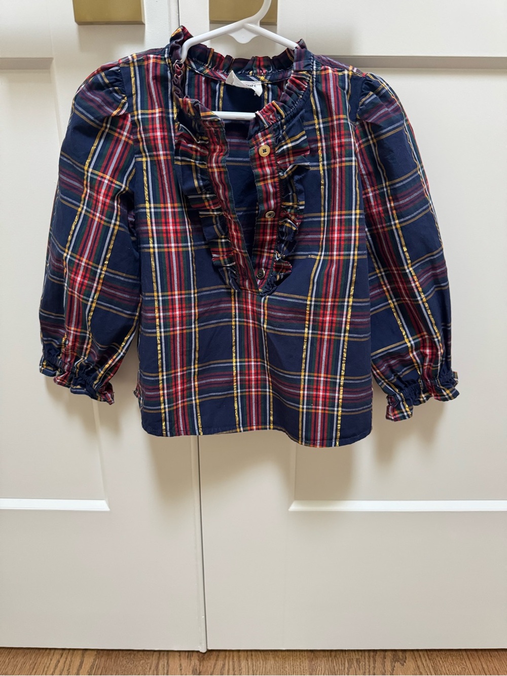Crewcuts Navy Plaid Ruffle-Trim Long Sleeve Blouse with Red and Yellow Stripes